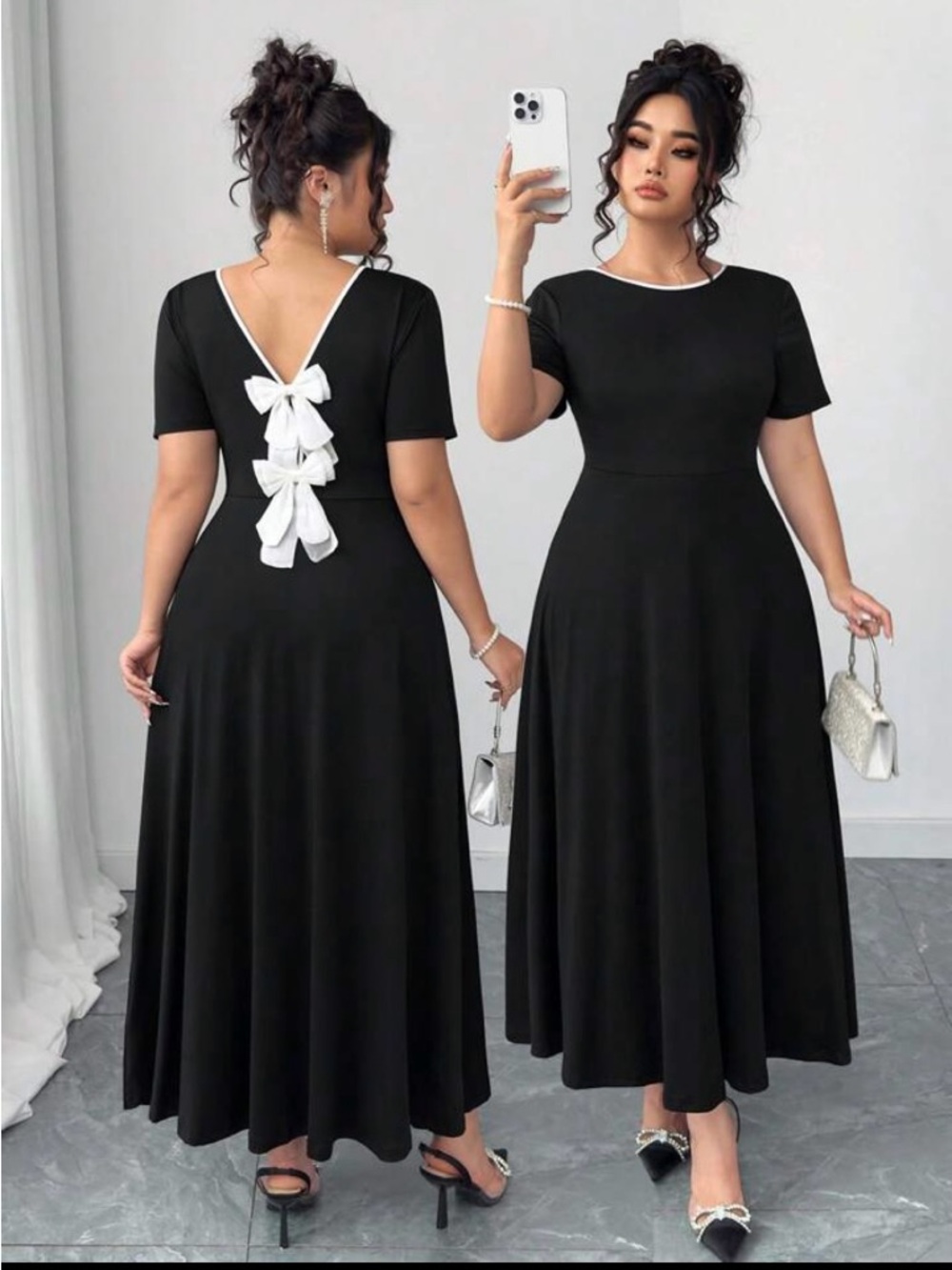 Elenzga Elegant Black Midi Dress with White Bow Back Detail Size 2XL